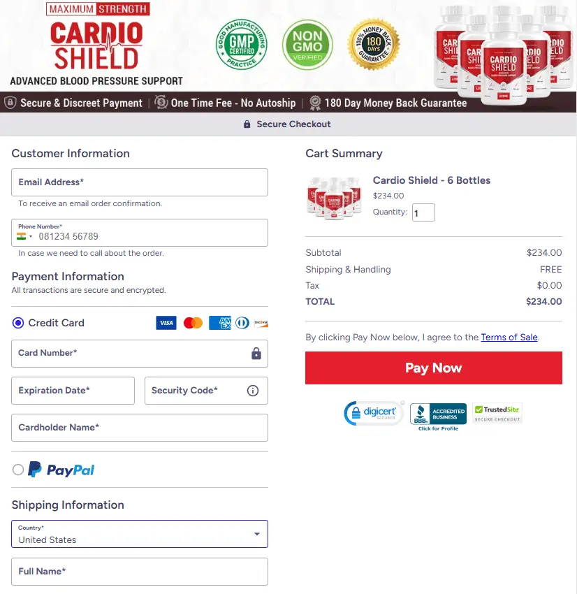 Cardio Shield Official Website Secure Order Page